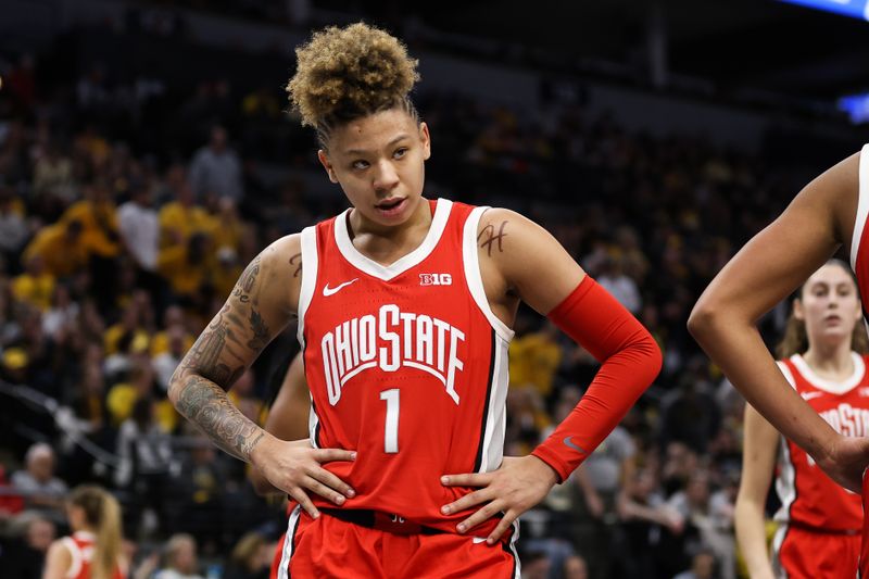 Mar 5, 2023; Minneapolis, MINN, USA; Ohio State Buckeyes guard Rikki Harris (1) looks on during the second half against the Iowa Hawkeyes at Target Center. Mandatory Credit: Matt Krohn-USA TODAY Sports