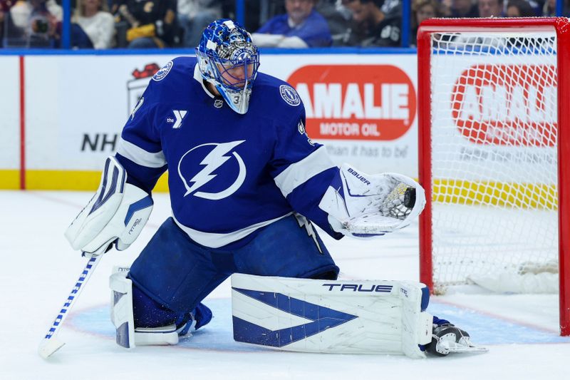 Dec 4, 2025; Tampa, Florida, USA; Tampa Bay Lightning goaltender Jonas Johansson (31) makes a save against the Pittsburgh Penguins in the second period at Benchmark International Arena. Mandatory Credit: Nathan Ray Seebeck-Imagn Images