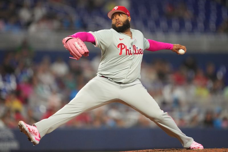 May 12, 2024; Miami, Florida, USA;  Philadelphia Phillies pitcher José Alvarado (46) pitches in the seventh inning against the Miami Marlins at loanDepot Park. Mandatory Credit: Jim Rassol-USA TODAY Sports