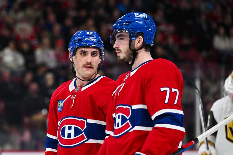 Nov 23, 2024; Montreal, Quebec, CAN; Montreal Canadiens left wing Lucas Condotta (82) has a discussion with center Kirby Dach (77) against the Las Vegas Golden Knights during the third period at Bell Centre. Mandatory Credit: David Kirouac-Imagn Images