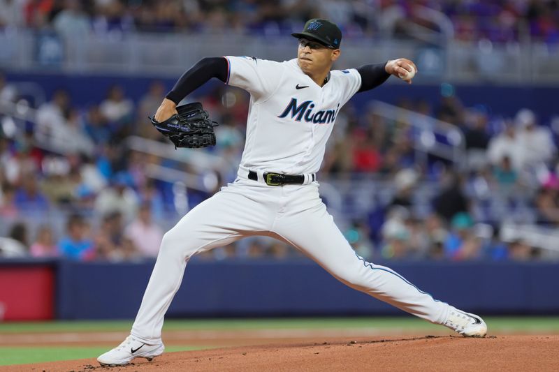 Jul 30, 2023; Miami, Florida, USA; Miami Marlins starting pitcher Jesus Luzardo (44) pitches against the Detroit Tigers during the first inning at loanDepot Park. Mandatory Credit: Sam Navarro-USA TODAY Sports