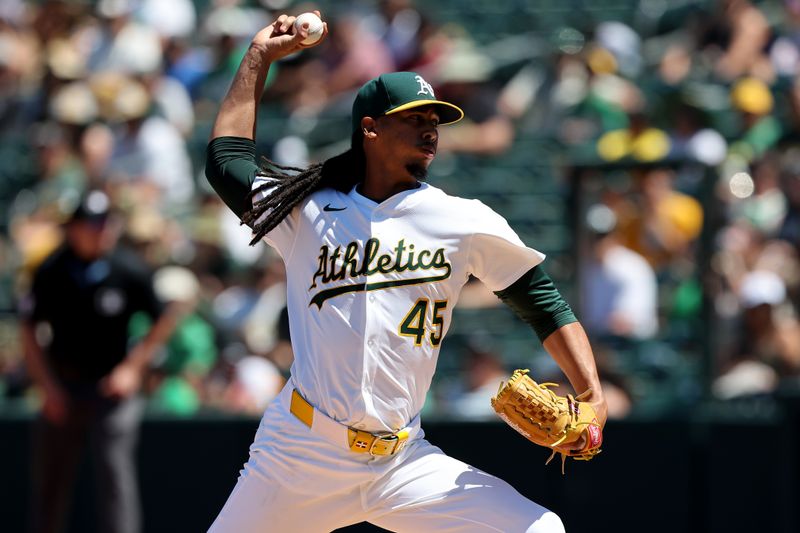 Aug 3, 2025; West Sacramento, California, USA; Athletics pitcher Osvaldo Bido (45) throws a pitch against the Arizona Diamondbacks during the fifth inning at Sutter Health Park. Mandatory Credit: Dennis Lee-Imagn Images