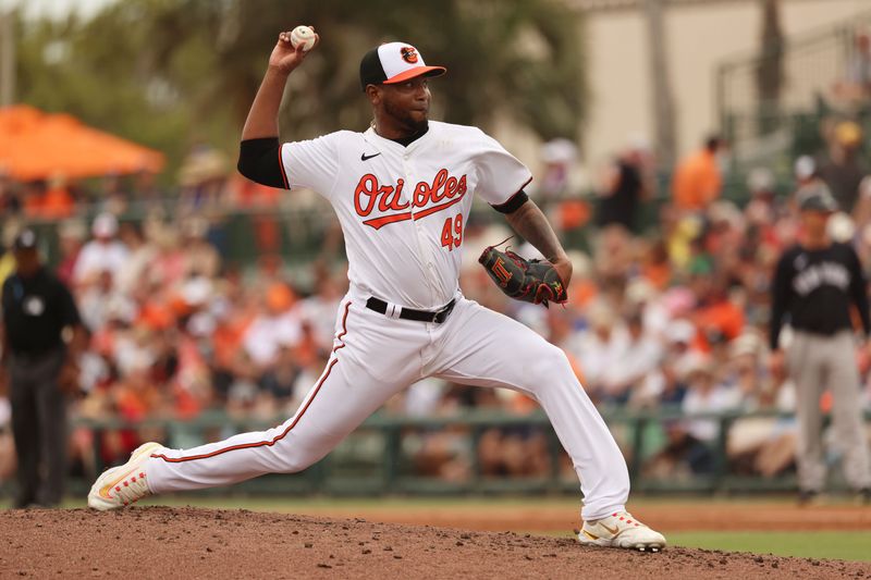 Mar 2, 2024; Sarasota, Florida, USA; Baltimore Orioles pitcher Julio Teheran (49) throws a pitch during the fourth inning against the New York Yankees at Ed Smith Stadium. Mandatory Credit: Kim Klement Neitzel-USA TODAY Sports