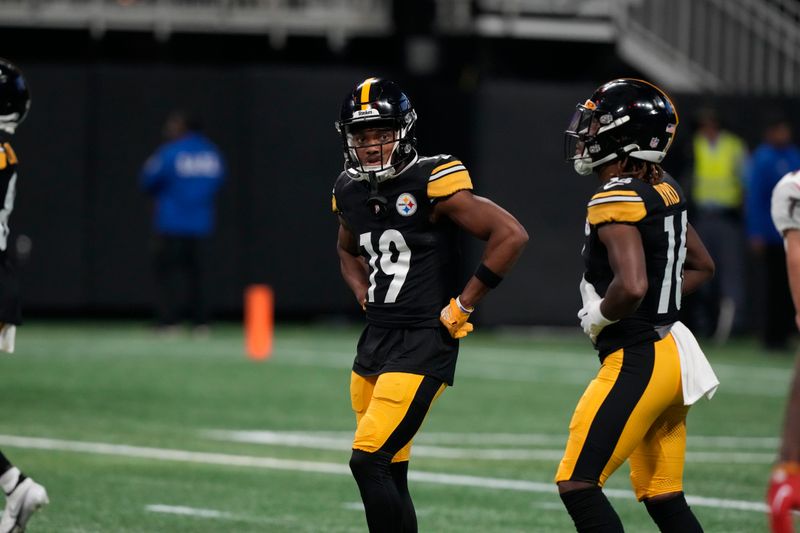 Pittsburgh Steelers wide receiver Calvin Austin III (19) warms up before an NFL football game against the Atlanta Falcons in Atlanta, Thursday, Aug. 24, 2023. (AP Photo/Gerald Herbert)