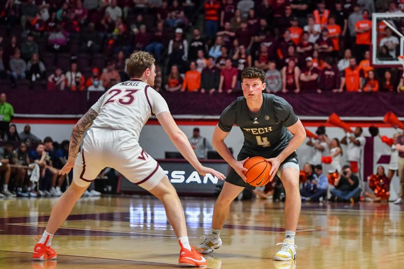 Jan 27, 2024; Blacksburg, Virginia, USA; Georgia Tech Yellow Jackets guard Carter Murphy (4) controls the ball while being defended by Virginia Tech Hokies guard Tyler Nickel (23) during the first half at Cassell Coliseum. Mandatory Credit: Brian Bishop-USA TODAY Sports