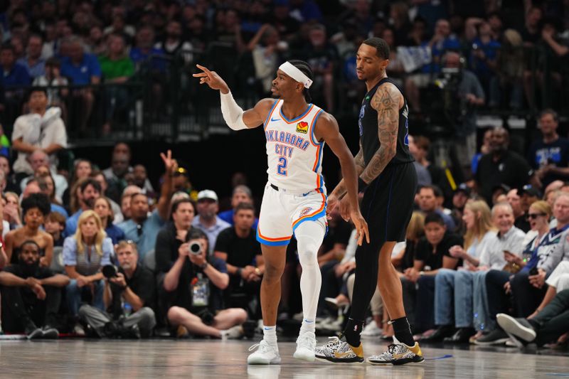 DALLAS, TX - MAY 18: Shai Gilgeous-Alexander #2 of the Oklahoma City Thunder looks on during the game against the Dallas Mavericks during Round 2 Game 6 of the 2024 NBA Playoffs on May 18, 2024 at the American Airlines Center in Dallas, Texas. NOTE TO USER: User expressly acknowledges and agrees that, by downloading and or using this photograph, User is consenting to the terms and conditions of the Getty Images License Agreement. Mandatory Copyright Notice: Copyright 2024 NBAE (Photo by Cooper Neill/NBAE via Getty Images)