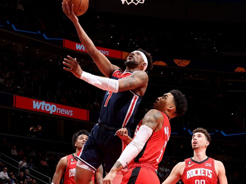 WASHINGTON, DC -? APRIL 9: Jordan Goodwin #7 of the Washington Wizards drives to the basket against the Houston Rockets  on April 9, 2023 at Capital One Arena in Washington, DC. NOTE TO USER: User expressly acknowledges and agrees that, by downloading and or using this Photograph, user is consenting to the terms and conditions of the Getty Images License Agreement. Mandatory Copyright Notice: Copyright 2023 NBAE (Photo by Stephen Gosling/NBAE via Getty Images)