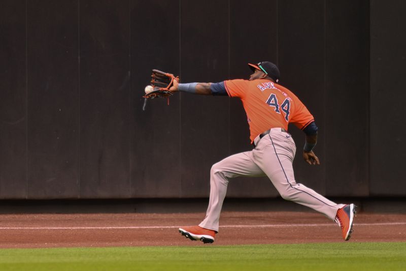 Jun 29, 2024; New York City, New York, USA; Houston Astros outfielder Yordan Alvarez (44) is unable to catch a RBI double hit by New York Mets outfielder Brandon Nimmo (not pictured) during the second inning at Citi Field. Mandatory Credit: John Jones-USA TODAY Sports