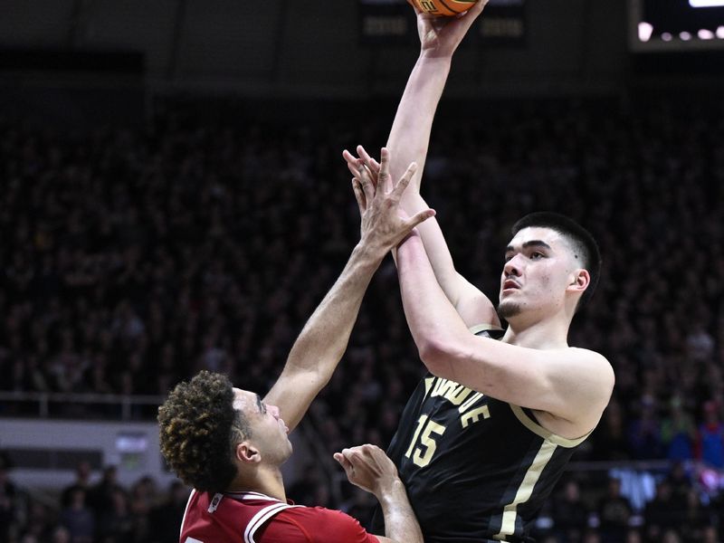 Feb 25, 2023; West Lafayette, Indiana, USA; Purdue Boilermakers center Zach Edey (15) shoots the ball over Indiana Hoosiers forward Trayce Jackson-Davis (23) during the second half at Mackey Arena. Indiana won 79-71. Mandatory Credit: Marc Lebryk-USA TODAY Sports