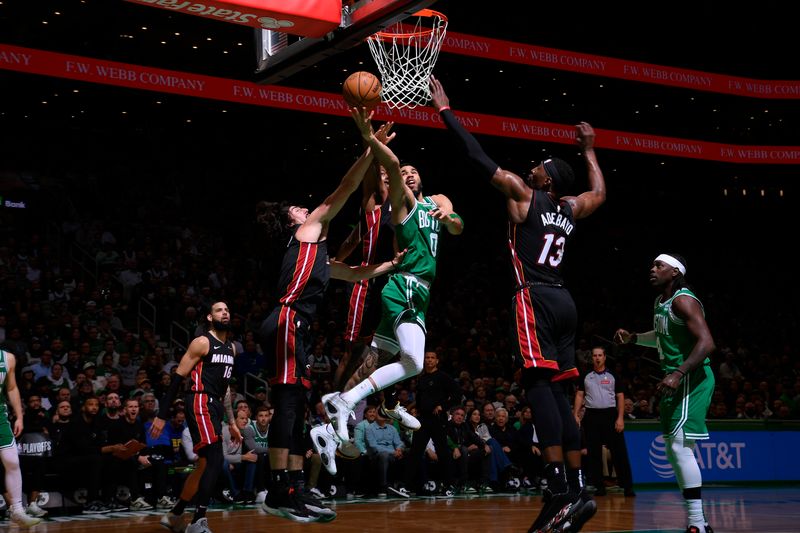 BOSTON, MA - APRIL 24: Jayson Tatum #0 of the Boston Celtics goes to the basket during the game against the Miami Heat during Round 1 Game 2 of the 2024 NBA Playoffs on April 24, 2024 at the TD Garden in Boston, Massachusetts. NOTE TO USER: User expressly acknowledges and agrees that, by downloading and or using this photograph, User is consenting to the terms and conditions of the Getty Images License Agreement. Mandatory Copyright Notice: Copyright 2024 NBAE  (Photo by Brian Babineau/NBAE via Getty Images)