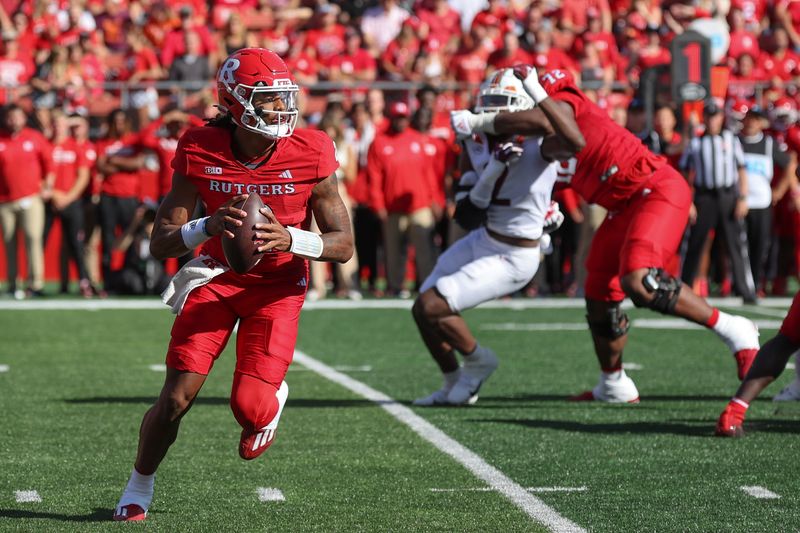 Sep 16, 2023; Piscataway, New Jersey, USA; Rutgers Scarlet Knights quarterback Gavin Wimsatt (2) scrambles  during the first half against the Virginia Tech Hokies at SHI Stadium. Mandatory Credit: Vincent Carchietta-USA TODAY Sports