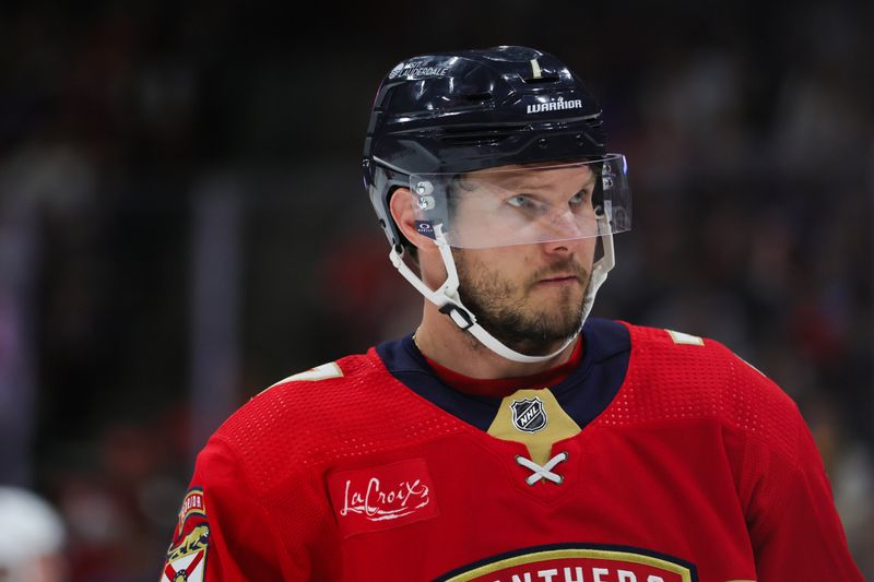 Feb 27, 2024; Sunrise, Florida, USA; Florida Panthers defenseman Dmitry Kulikov (7) looks on against the Buffalo Sabres during the second period at Amerant Bank Arena. Mandatory Credit: Sam Navarro-USA TODAY Sports