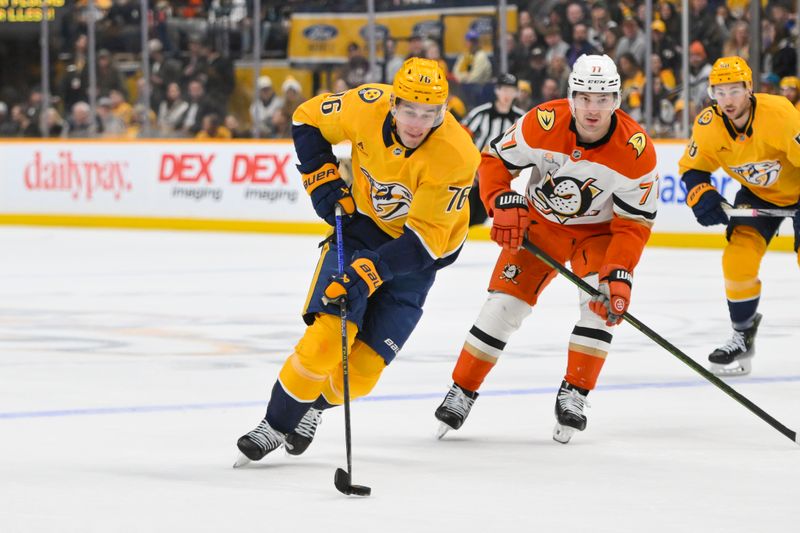Mar 20, 2025; Nashville, Tennessee, USA;  Nashville Predators defenseman Brady Skjei (76) skates with the puck against the Anaheim Ducks during the first period at Bridgestone Arena. Mandatory Credit: Steve Roberts-Imagn Images
