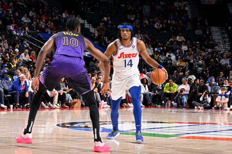 PHILADELPHIA, PA - JANUARY 28: Ricky Council IV #14 of the Philadelphia 76ers handles the ball during the game against the Los Angeles Lakers on January 28, 2025 at the Wells Fargo Center in Philadelphia, Pennsylvania NOTE TO USER: User expressly acknowledges and agrees that, by downloading and/or using this Photograph, user is consenting to the terms and conditions of the Getty Images License Agreement. Mandatory Copyright Notice: Copyright 2025 NBAE (Photo by David Dow/NBAE via Getty Images)