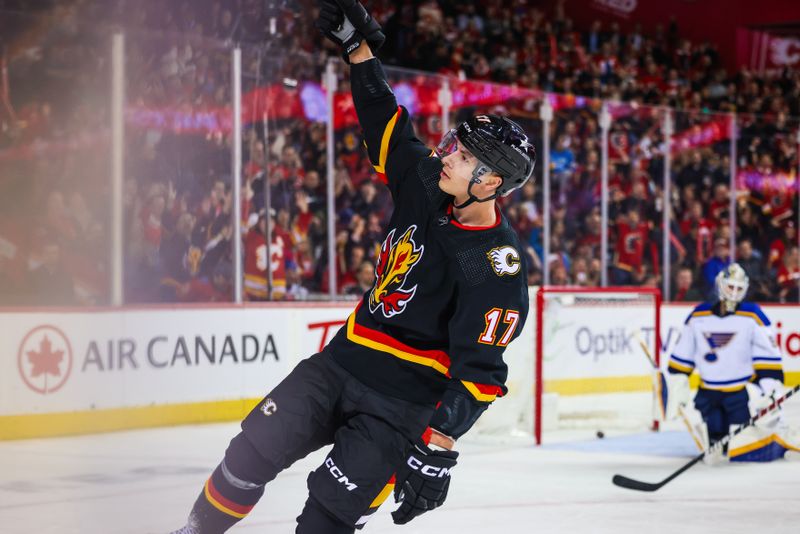 Jan 23, 2024; Calgary, Alberta, CAN; Calgary Flames center Yegor Sharangovich (17) celebrates his goal against St. Louis Blues goaltender Jordan Binnington (50) during the second period at Scotiabank Saddledome. Mandatory Credit: Sergei Belski-USA TODAY Sports