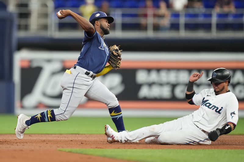 Aug 30, 2023; Miami, Florida, USA; Tampa Bay Rays shortstop Osleivis Basabe (37) completes a double play as Miami Marlins second baseman Luis Arraez (3) slides into second base in the first inning at loanDepot Park. Mandatory Credit: Jim Rassol-USA TODAY Sports