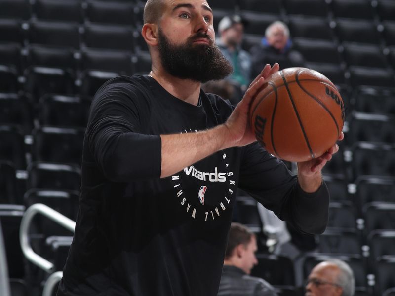 MILWAUKEE, WI - NOVEMBER 30: Jonas Valanciunas #17 of the Washington Wizards warms up before the game against the Milwaukee Bucks on November 30, 2024 at Fiserv Forum Center in Milwaukee, Wisconsin. NOTE TO USER: User expressly acknowledges and agrees that, by downloading and or using this Photograph, user is consenting to the terms and conditions of the Getty Images License Agreement. Mandatory Copyright Notice: Copyright 2024 NBAE (Photo by Gary Dineen/NBAE via Getty Images).