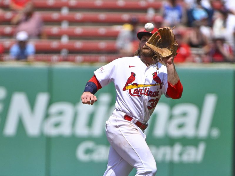 Jun 14, 2023; St. Louis, Missouri, USA;  St. Louis Cardinals second baseman Brendan Donovan (33) leaps and catches a line drive against the San Francisco Giants during the eighth inning at Busch Stadium. Mandatory Credit: Jeff Curry-USA TODAY Sports