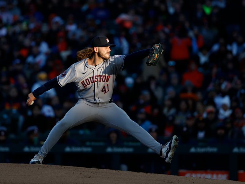 Apr 24, 2024; Chicago, Illinois, USA; Houston Astros starting pitcher Spencer Arrighetti (41) delivers a pitch against the Chicago Cubs during the first inning at Wrigley Field. Mandatory Credit: Kamil Krzaczynski-USA TODAY Sports