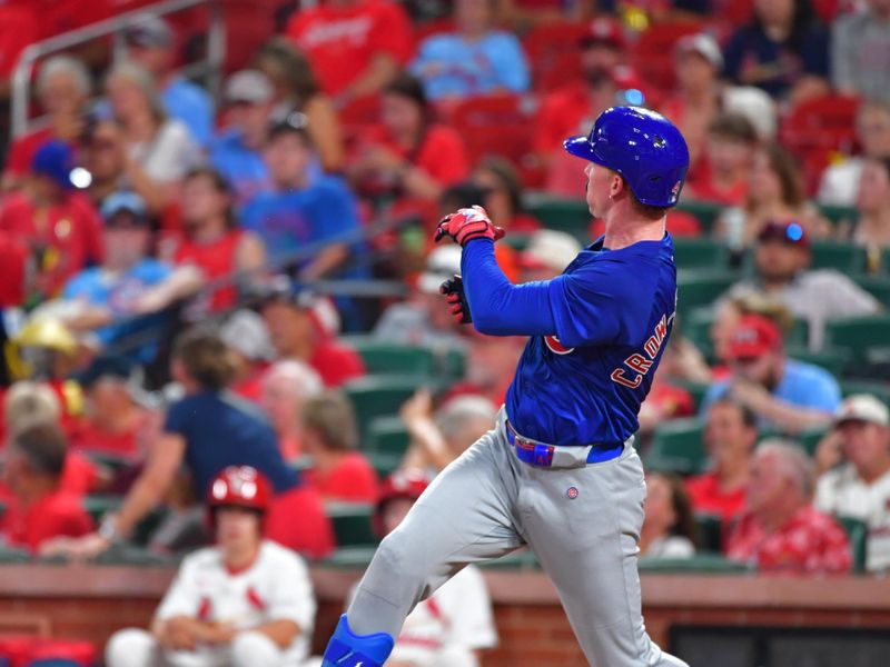 Jun 25, 2025; St. Louis, Missouri, USA; Chicago Cubs outfielder Pete Crow-Armstrong (4) loses his bat while up to bat in the eighth inning against the St. Louis Cardinals at Busch Stadium. Mandatory Credit: Tim Vizer-Imagn Images 