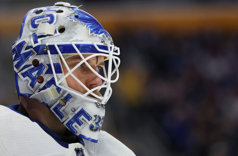 Dec 21, 2023; Buffalo, New York, USA;  Toronto Maple Leafs goaltender Ilya Samsonov (35) during a stoppage in play against the Buffalo Sabres during the second period at KeyBank Center. Mandatory Credit: Timothy T. Ludwig-USA TODAY Sports