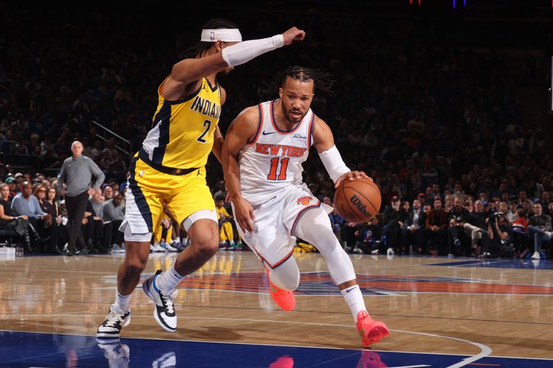 NEW YORK, NY - OCTOBER 25: Jalen Brunson #11 of the New York Knicks drives to the basket during the game against the Indiana Pacers on October 25, 2024 at Madison Square Garden in New York City, New York.  NOTE TO USER: User expressly acknowledges and agrees that, by downloading and or using this photograph, User is consenting to the terms and conditions of the Getty Images License Agreement. Mandatory Copyright Notice: Copyright 2024 NBAE  (Photo by David L. Nemec/NBAE via Getty Images)