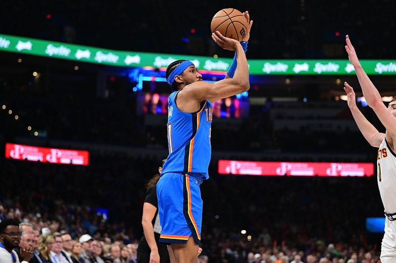 OKLAHOMA CITY, OKLAHOMA - JANUARY 31: Aaron Wiggins #21 of the Oklahoma City Thunder goes up for a shot during the first half against the Denver Nuggets at Paycom Center on January 31, 2024 in Oklahoma City, Oklahoma. NOTE TO USER: User expressly acknowledges and agrees that, by downloading and or using this Photograph, user is consenting to the terms and conditions of the Getty Images License Agreement. (Photo by Joshua Gateley/Getty Images)