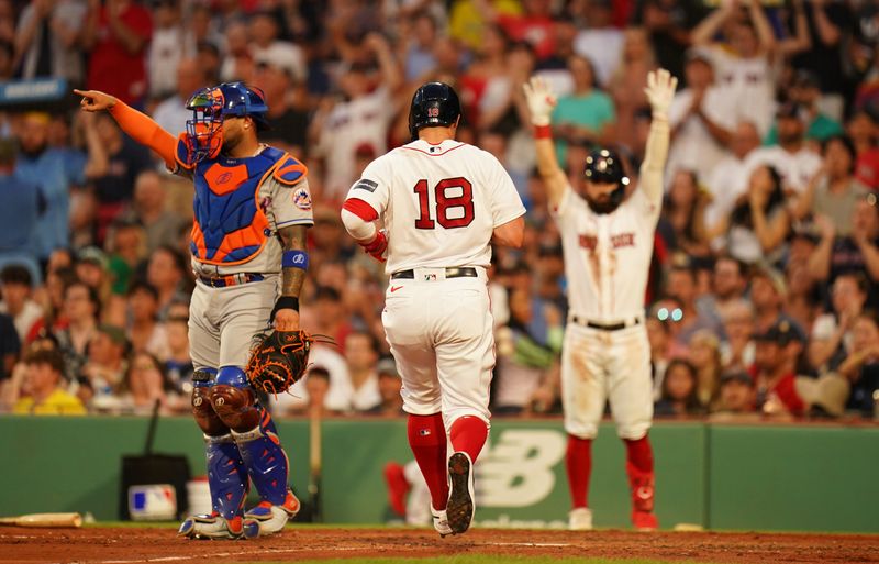 Jul 23, 2023; Boston, Massachusetts, USA; Boston Red Sox center fielder Adam Duvall (18) scores against the New York Mets in the third inning at Fenway Park. Mandatory Credit: David Butler II-USA TODAY Sports