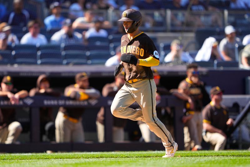 May 28, 2023; Bronx, New York, USA; San Diego Padres third baseman Ha-Seong Kim (7) scores a run on San Diego Padres catcher Brett Sullivan (29) (not pictured) sacrifice fly ball against the New York Yankees during the ninth inning at Yankee Stadium. Mandatory Credit: Gregory Fisher-USA TODAY Sports