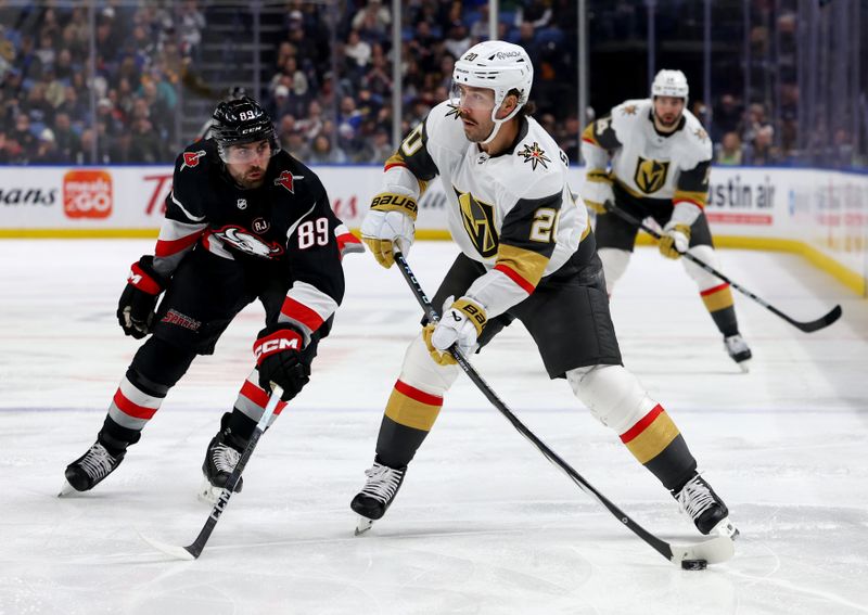 Mar 2, 2024; Buffalo, New York, USA;  Buffalo Sabres right wing Alex Tuch (89) tries to block a shot by Vegas Golden Knights center Chandler Stephenson (20) during the third period at KeyBank Center. Mandatory Credit: Timothy T. Ludwig-USA TODAY Sports