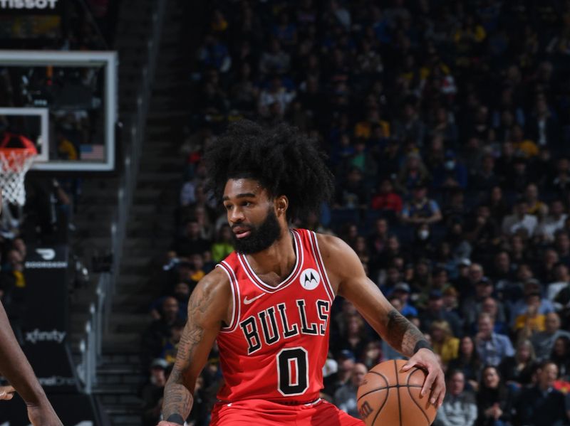 SAN FRANCISCO, CA - MARCH 7: Coby White #0 of the Chicago Bulls handles the ball during the game against the Golden State Warriors on March 7, 2024 at Chase Center in San Francisco, California. NOTE TO USER: User expressly acknowledges and agrees that, by downloading and or using this photograph, user is consenting to the terms and conditions of Getty Images License Agreement. Mandatory Copyright Notice: Copyright 2024 NBAE (Photo by Noah Graham/NBAE via Getty Images)