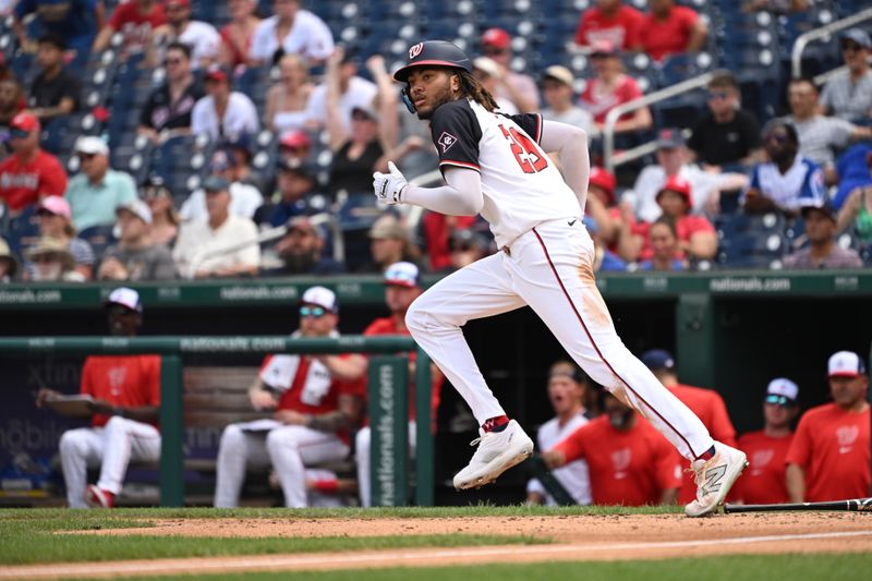 Aug 4, 2024; Washington, District of Columbia, USA; Washington Nationals center fielder James Wood (29) runs to first base after hitting a 3 RBI triple against the Milwaukee Brewers during the sixth inning at Nationals Park. Mandatory Credit: Rafael Suanes-USA TODAY Sports