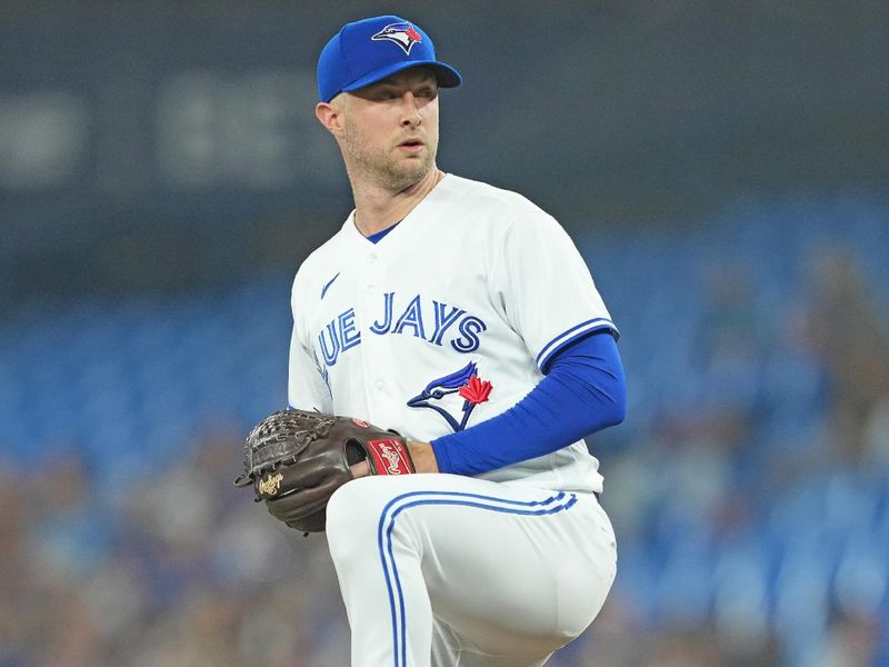 Jun 28, 2023; Toronto, Ontario, CAN; Toronto Blue Jays starting pitcher Trevor Richards (33) throws a pitch against the San Francisco Giants during the first inning at Rogers Centre. Mandatory Credit: Nick Turchiaro-USA TODAY Sports