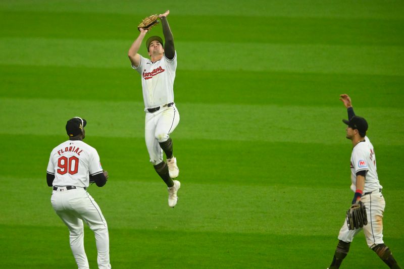 May 18, 2024; Cleveland, Ohio, USA; The Cleveland Guardians celebrate a win over the Minnesota Twins at Progressive Field. Mandatory Credit: David Richard-USA TODAY Sports