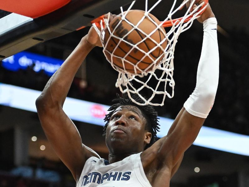 CLEVELAND, OHIO - APRIL 10: GG Jackson #45 of the Memphis Grizzlies dunks during the second half against the Cleveland Cavaliers at Rocket Mortgage Fieldhouse on April 10, 2024 in Cleveland, Ohio. NOTE TO USER: User expressly acknowledges and agrees that, by downloading and or using this photograph, User is consenting to the terms and conditions of the Getty Images License Agreement. (Photo by Nick Cammett/Getty Images)