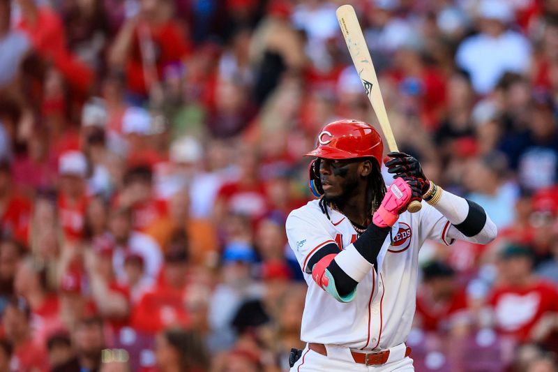 Jun 12, 2024; Cincinnati, Ohio, USA; Cincinnati Reds shortstop Elly De La Cruz (44) at bat against the Cleveland Guardians in the first inning at Great American Ball Park. Mandatory Credit: Katie Stratman-USA TODAY Sports