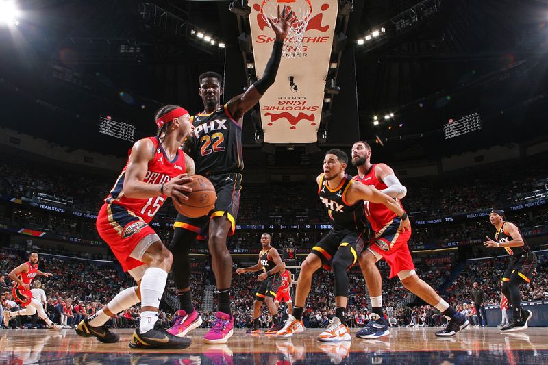 NEW ORLEANS, LA - DECEMBER 9: Jose Alvarado #15 of the New Orleans Pelicans looks to pass the ball during the game against the Phoenix Suns on December 9, 2022 at the Smoothie King Center in New Orleans, Louisiana. NOTE TO USER: User expressly acknowledges and agrees that, by downloading and or using this Photograph, user is consenting to the terms and conditions of the Getty Images License Agreement. Mandatory Copyright Notice: Copyright 2022 NBAE (Photo by Layne Murdoch Jr./NBAE via Getty Images)