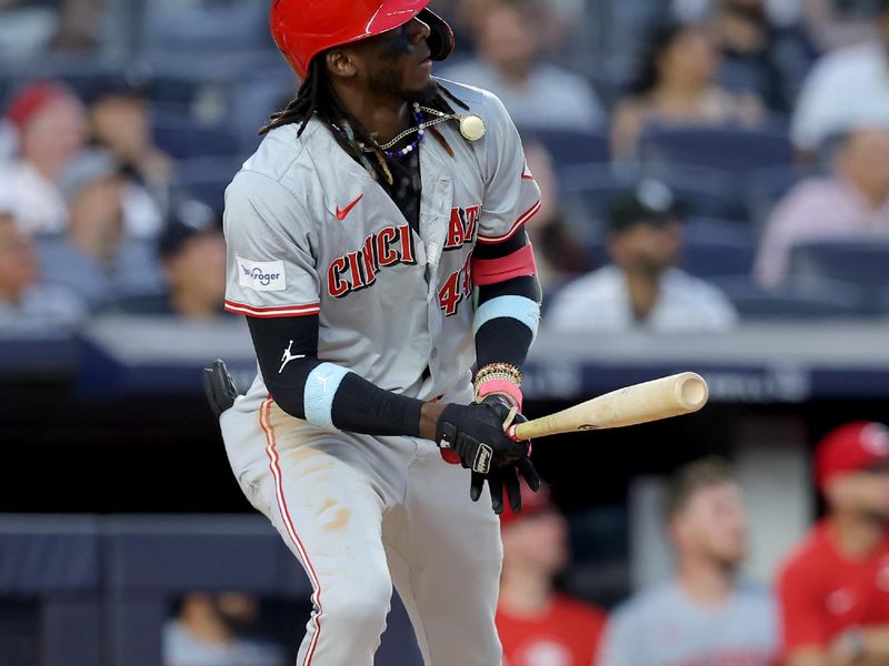 Jul 2, 2024; Bronx, New York, USA; Cincinnati Reds shortstop Elly De La Cruz (44) watches his two run home run against the New York Yankees during the fifth inning at Yankee Stadium. Mandatory Credit: Brad Penner-USA TODAY Sports