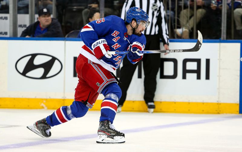 Apr 11, 2024; New York, New York, USA; New York Rangers defenseman Erik Gustafsson (56) takes a short from the blue line against the Philadelphia Flyers during the third period at Madison Square Garden. Mandatory Credit: Danny Wild-USA TODAY Sports