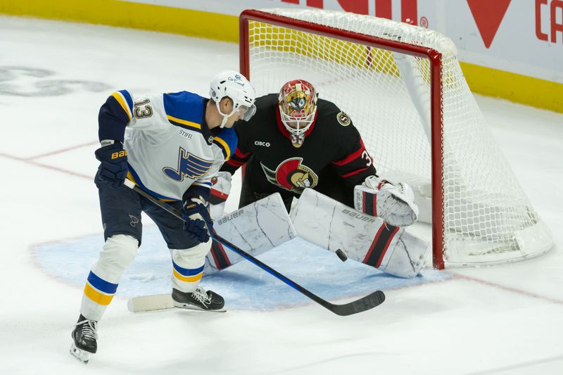 Oct 29, 2024; Ottawa, Ontario, CAN; Ottawa Senators goalie Linus Ullmark (35) makes a save in front of St. Louis Blues right wing Alexey Toropchenko (13) in the third period at the Canadian Tire Centre. Mandatory Credit: Marc DesRosiers-Imagn Images