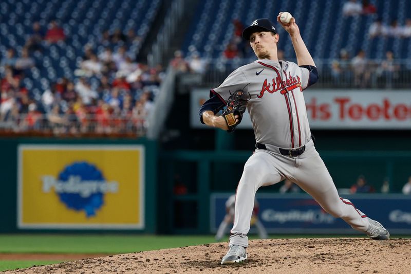 Sep 11, 2024; Washington, District of Columbia, USA; Atlanta Braves pitcher Max Fried (54) pitches against the Washington Nationals during the third inning at Nationals Park. Mandatory Credit: Geoff Burke-Imagn Images