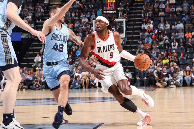 MEMPHIS, TN - MARCH 2: Jerami Grant #9 of the Portland Trail Blazers dribbles the ball during the game against the Memphis Grizzlies on March 2, 2024 at FedExForum in Memphis, Tennessee. NOTE TO USER: User expressly acknowledges and agrees that, by downloading and or using this photograph, User is consenting to the terms and conditions of the Getty Images License Agreement. Mandatory Copyright Notice: Copyright 2024 NBAE (Photo by Joe Murphy/NBAE via Getty Images)