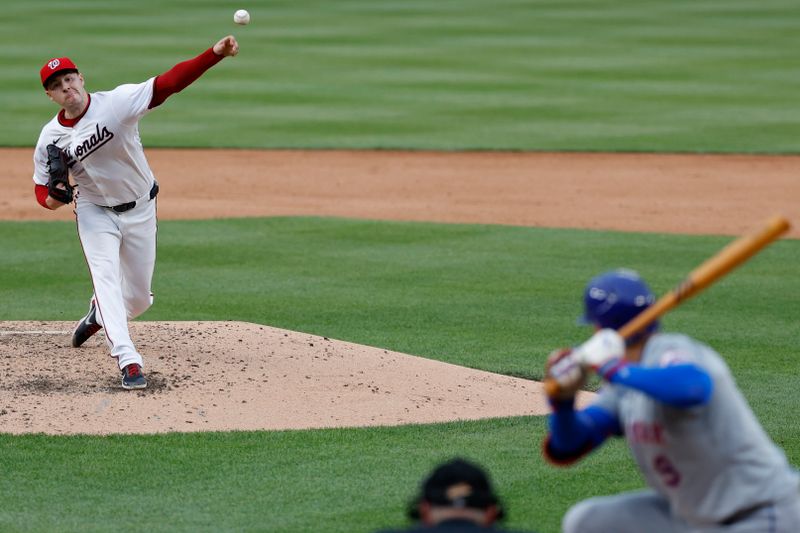 Jun 5, 2024; Washington, District of Columbia, USA; Washington Nationals pitcher Patrick Corbin (46) pitches against New York Mets outfielder Brandon Nimmo (9) during the sixth inning at Nationals Park. Mandatory Credit: Geoff Burke-USA TODAY Sports