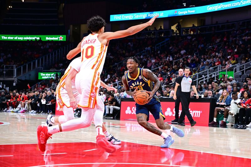 ATLANTA, GA - OCTOBER 8: Quenton Jackson #29 of the Indiana Pacers dribbles the ball during the game against the Atlanta Hawks during a NBA preseason game on October 8, 2024 at State Farm Arena in Atlanta, Georgia.  NOTE TO USER: User expressly acknowledges and agrees that, by downloading and/or using this Photograph, user is consenting to the terms and conditions of the Getty Images License Agreement. Mandatory Copyright Notice: Copyright 2024 NBAE (Photo by Adam Hagy/NBAE via Getty Images)