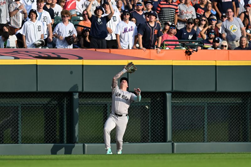 Aug 16, 2024; Detroit, Michigan, USA;  New York Yankees left fielder Alex Verdugo (24) catches a long fly ball at the warning track against the Detroit Tigers in the first inning at Comerica Park. Mandatory Credit: Lon Horwedel-USA TODAY Sports