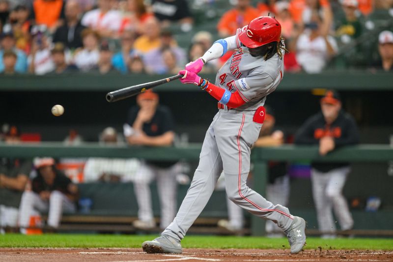 Jun 28, 2023; Baltimore, Maryland, USA; Cincinnati Reds shortstop Elly De La Cruz (44) hits a single during the first inning against the Baltimore Orioles at Oriole Park at Camden Yards. Mandatory Credit: Reggie Hildred-USA TODAY Sports