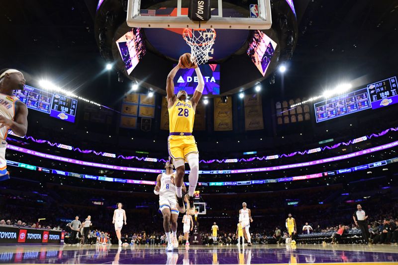 LOS ANGELES, CA - MARCH 4: Rui Hachimura #28 of the Los Angeles Lakers drives to the basket during the game against the Oklahoma City Thunder on March 4, 2024 at Crypto.Com Arena in Los Angeles, California. NOTE TO USER: User expressly acknowledges and agrees that, by downloading and/or using this Photograph, user is consenting to the terms and conditions of the Getty Images License Agreement. Mandatory Copyright Notice: Copyright 2024 NBAE (Photo by Adam Pantozzi/NBAE via Getty Images)