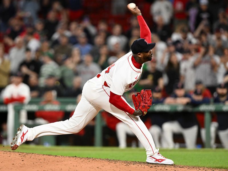 May 7, 2025; Boston, Massachusetts, USA; Boston Red Sox relief pitcher Aroldis Chapman (44) pitches against the Texas Rangers during the ninth inning at Fenway Park. Mandatory Credit: Brian Fluharty-Imagn Images