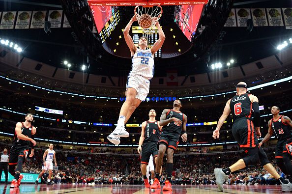 CHICAGO, ILLINOIS - NOVEMBER 17: Franz Wagner #22 of the Orlando Magic dunks in the first half of an NBA In-Season Tournament against the Chicago Bulls at the United Center on November 17, 2023 in Chicago, Illinois.  NOTE TO USER: User expressly acknowledges and agrees that, by downloading and or using this photograph, User is consenting to the terms and conditions of the Getty Images License Agreement.  (Photo by Quinn Harris/Getty Images)