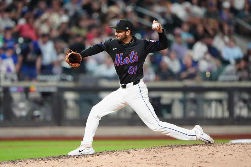 Jul 10, 2024; New York City, New York, USA; New York Mets pitcher Danny Young (81) delivers a pitch against the Washington Nationals during the eighth inning at Citi Field. Mandatory Credit: Gregory Fisher-USA TODAY Sports